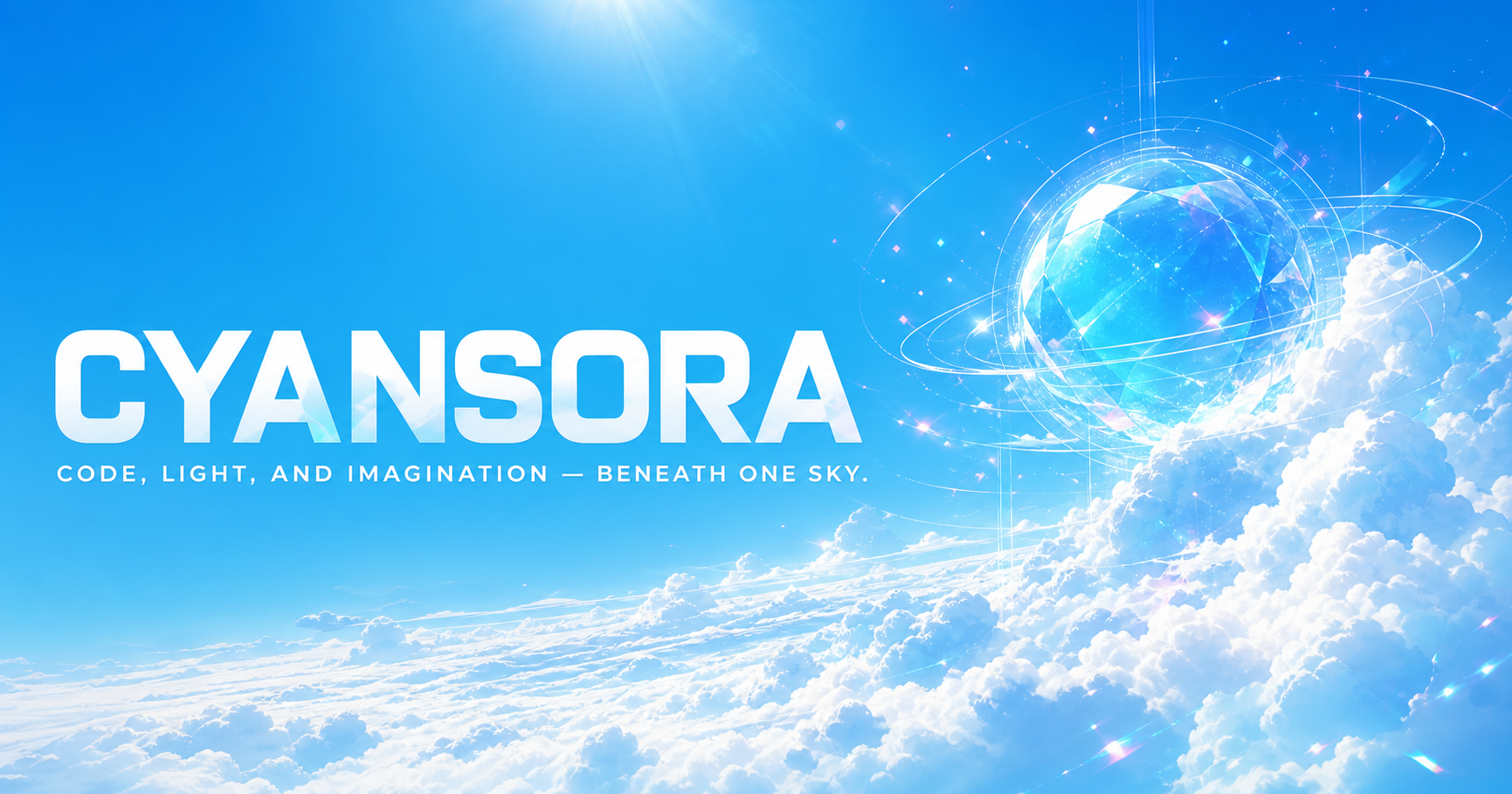 CYANSORA 青空主视觉：水晶天空核心漂浮在云海上方